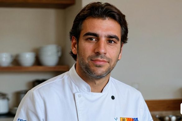 un home amb un abric de xef dret a una cuina amb prestatges i bols darrere i un microones darrere, david rubín, fotografia professional, retrat d'un personatge, premsa privada