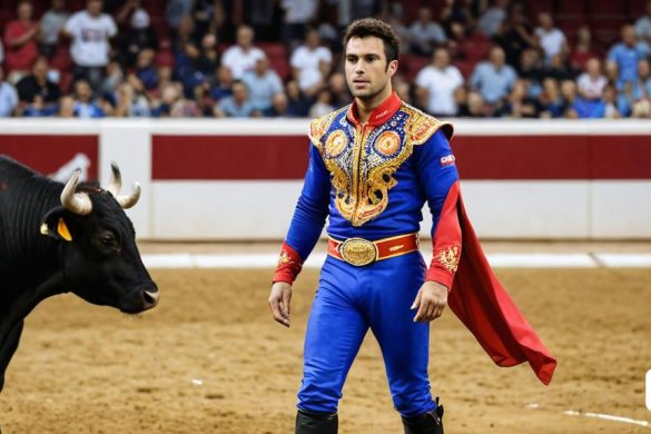 un home amb un vestit de toro dret al costat d'un toro en un camp amb una multitud mirant-lo i un toro, Clément Serveau, pbr, un retrat de personatge, figuració lliure