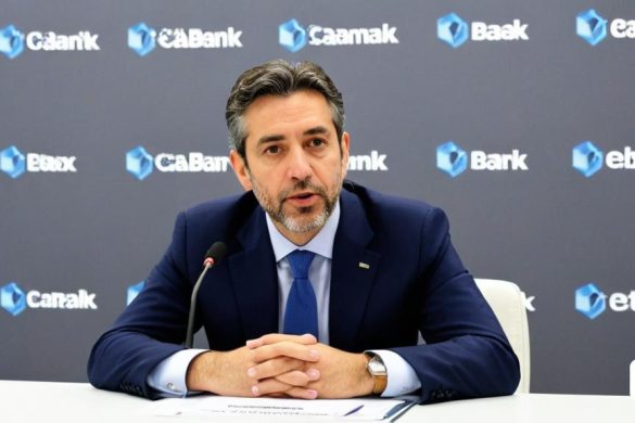 un home amb vestit i corbata assegut a una taula amb un micròfon al davant i un rètol bancari al darrere, Carlos Berlanga, zabrocki, una foto d'estoc, premsa privada