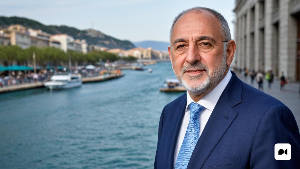 un home amb vestit i corbata davant d'un riu amb vaixells a l'aigua i edificis a la vora, Anton Solomoukha, ignacio fernandez rios, retrat d'un personatge, premsa privada