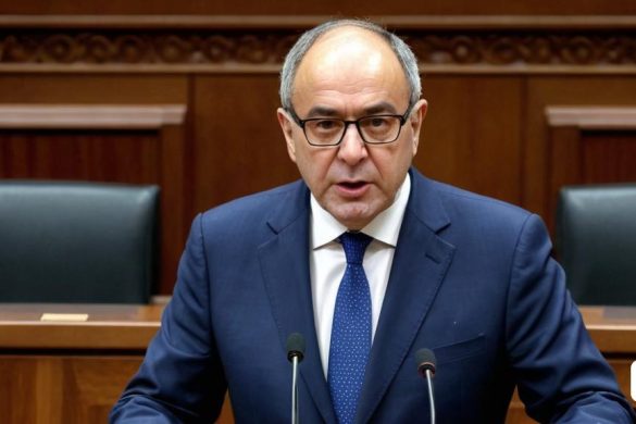 un home amb vestit i corbata fent un discurs davant d'un micròfon en una habitació amb panells de fusta, Arthur Sarkissian, en focus, un holograma, regionalisme