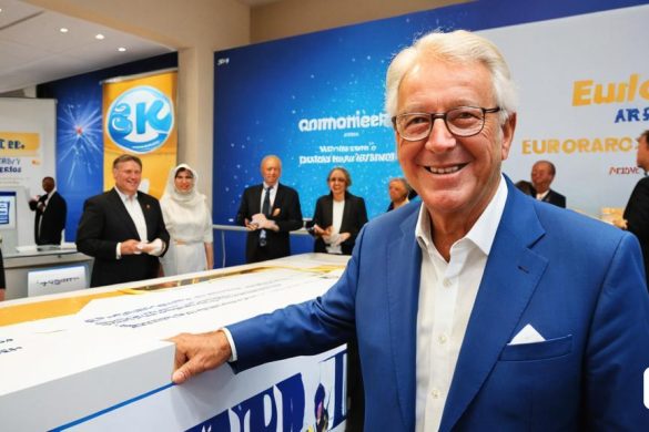 un home amb vestit i corbata sostenint una caixa gran davant d'un grup de persones amb vestit, Eric de Kolb, peter konig, un cartell, art informel