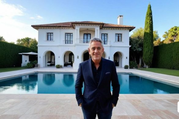 un home de peu davant d'una casa gran amb una piscina al davant i una casa darrere seu, nom de Carlos Trillo, imatge promocional, foto d'estoc, precisió
