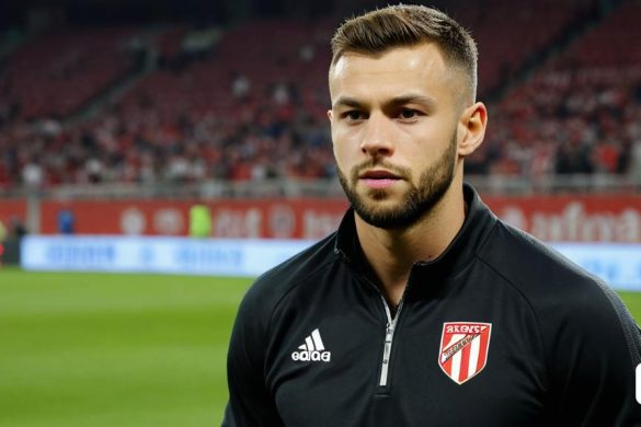 un home dempeus en un camp de futbol amb una camisa negra i una barba amb una franja vermella i blanca, Adam Szentpétery, artem demura, una fotocòpia, premsa privada