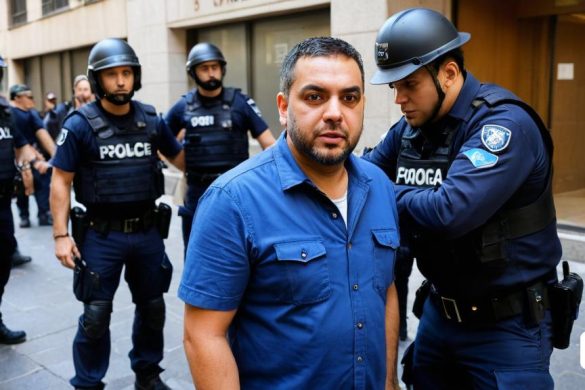 un home està sent escortat per agents de policia a la cantonada d'un carrer davant d'un edifici amb un grup d'altres homes, Estuardo Maldonado, vfx, una foto, precisió