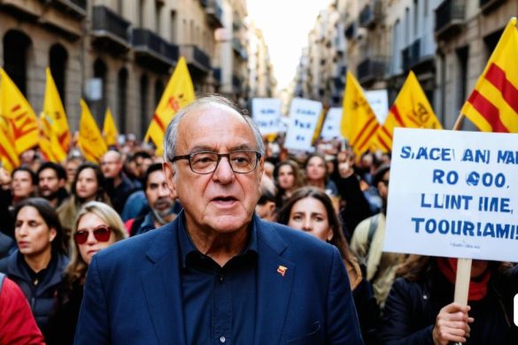 un home que sosté un cartell davant d'una multitud de persones que sostenen banderes i rètols que diuen espai molt ro 500 temps límit turisme, Carles Delclaux Is, david lazar, a photo, les automatistes