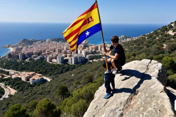 un home que sosté una bandera al cim d'una muntanya amb vistes a una ciutat i l'oceà a la llunyania amb una ciutat al fons, Arthur B. Carles, foto real, una foto, regionalisme