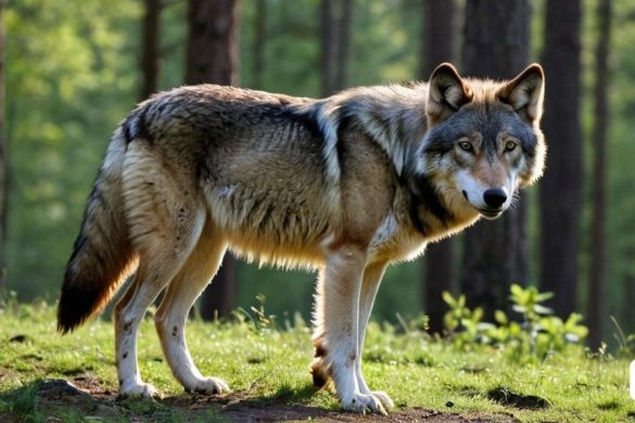un llop dret al mig d'un bosc mirant la càmera l'ull d'un home és a terra, Caspar Wolf, fotografia d'animals, una il·lustració, naturalisme