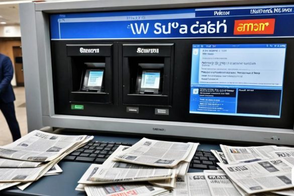 un ordinador portàtil assegut al damunt d'una taula coberta de diaris i papers amb un home dret al fons, Dahlov Ipcar, tècnica d'impressió offset, una foto d'estoc, les automatistes