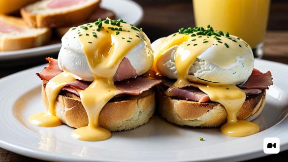 un plat amb ous, pernil i formatge al costat d'un got de suc de taronja i un plat amb pa, Ed Benedict, fotografia d'aliments professional, una fotografia d'estoc, hiperrealisme