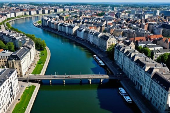 un riu que travessa una ciutat al costat d'un pont i edificis a banda i banda amb un pont al mig, Florence Engelbach, art nou, una foto de desplaçament d'inclinació, sintetisme