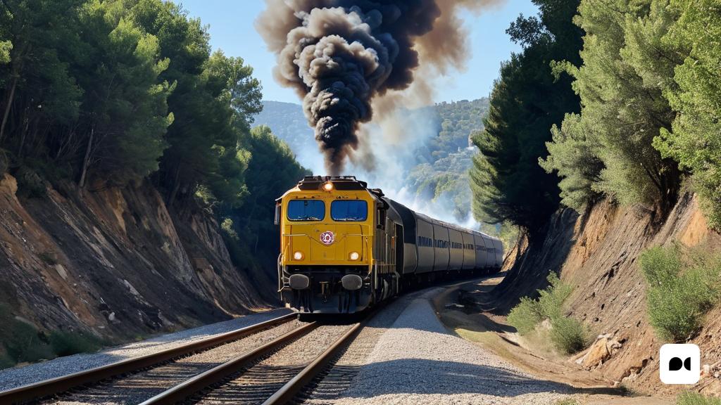 un tren viatja per les vies amb fum sortint de les seves piles de fum a la part superior, Andrew Robertson, art digital ultra realista, una foto d'estoc, art ambiental