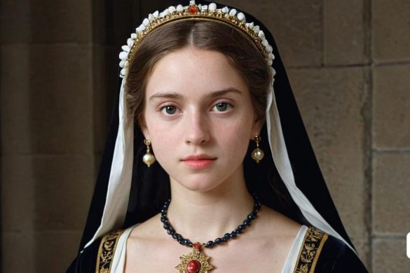 una dona amb un vestit blanc i negre amb un collaret vermell i daurat i un vel blanc i negre, Beatrice Huntington, imatge promocional, retrat d'un personatge, prerafaelitisme