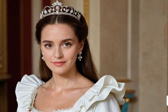 una dona amb una tiara i un vestit blanc en una habitació amb una paret daurada i un mirall amb marc daurat, Anne Said, imatge promocional, un barroc flamenc, rococó