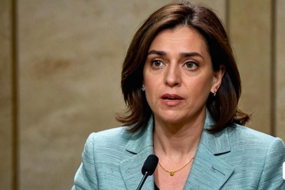 una dona amb vestit i collaret parlant per un micròfon amb un micròfon davant i una paret darrere, Eva Gonzalès, foto realista, un retrat, incoherents