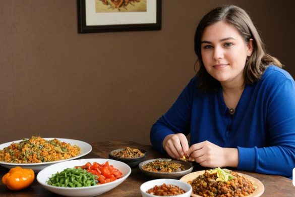 una dona asseguda a una taula amb plats de menjar i un bol de verdures davant d'ella, Ayshia Taşkın, fotografia professional de menjar, una fotografia d'estoc, premsa privada