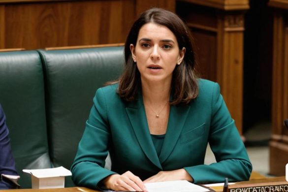 una dona asseguda a una taula amb un micròfon davant i una altra dona dempeus al darrere amb un vestit verd, Eva Gonzalès, foto realista, retrat d'un personatge, regionalisme