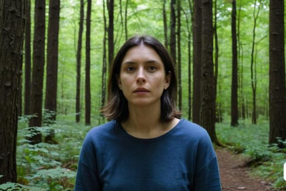 una dona de peu en un bosc amb arbres al fons i una pista en primer pla amb una pista en primer pla, Carol Bove, imatge promocional, un retrat de personatges, land art