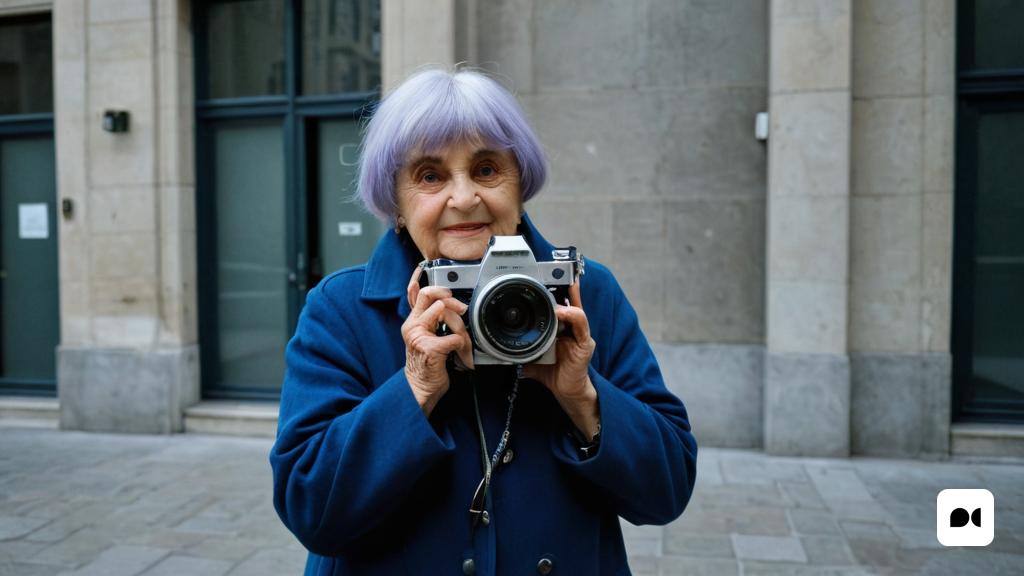 una dona fent una foto amb una càmera davant d'un edifici amb columnes i portes al costat del carrer, Diane Arbus, lomografia, retrat de personatges, precisió