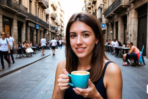 una dona sostenint una tassa de cafè en un carrer de la ciutat amb gent asseguda a taules i taules al fons, Eva Gonzalès, fotografia de retrat, una foto d'estoc, art i llenguatge