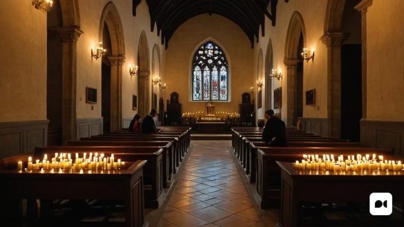una església amb fileres de bancs amb espelmes enceses i un vitrall al darrere, Christopher Wren, il·luminació atmosfèrica, un barroc flamenc, moviment d'arts i manualitats