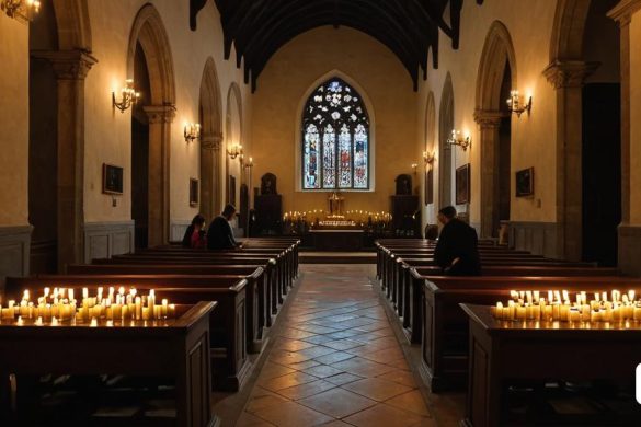 una església amb fileres de bancs amb espelmes enceses i un vitrall al darrere, Christopher Wren, il·luminació atmosfèrica, un barroc flamenc, moviment d'arts i manualitats
