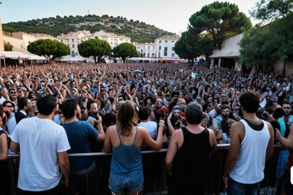 una gran multitud de persones al voltant d'un escenari amb un home amb un mòbil davant seu, Antoni Pitxot, panoràmica, una foto, els nabis