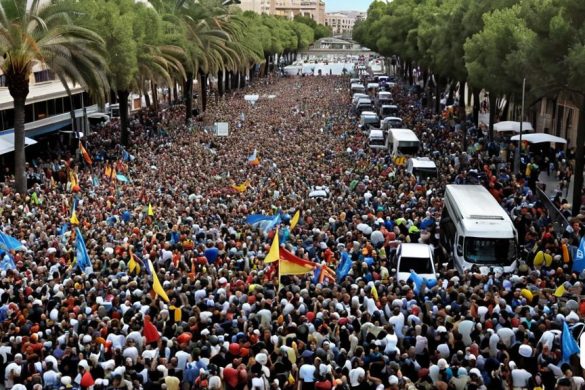 una gran multitud de persones dempeus en un carrer amb banderes i autobusos al fons i arbres que voregen el carrer, Arthur B. Carles, escena enorme, una foto, incoherents