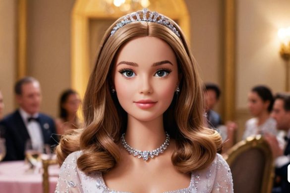 una nina Barbie amb una tiara i un vestit en un entorn formal amb una taula plena de gent, Edward George Handel Lucas, realista, un retrat de personatges, escola americana de Barbizon