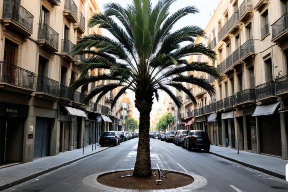 una palmera en un carrer de la ciutat amb edificis al fons i un cotxe aparcat al carrer davant seu, Carles Delclaux Is, palmeres, una escultura surrealista, land art