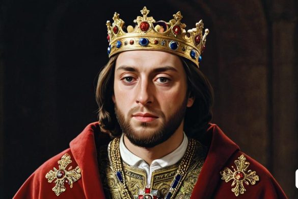 una pintura d'un home amb una corona i una túnica vermella i adorns daurats i una túnica vermella, Artur Tarnowski, pintura digital molt detallada, una pintura detallada ultrafina, fotorealisme