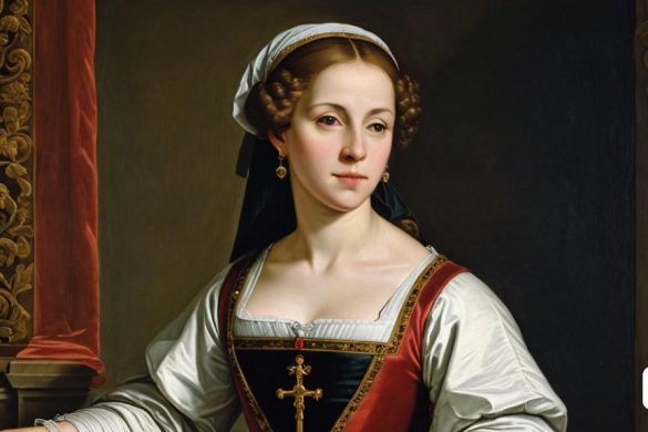 una pintura d'una dona amb un vestit blanc amb una faixa vermella i una creu al pit i un home amb un vestit blanc, Barthel Bruyn el Jove, pintura a l'oli renaixentista, un barroc flamenc, manierisme