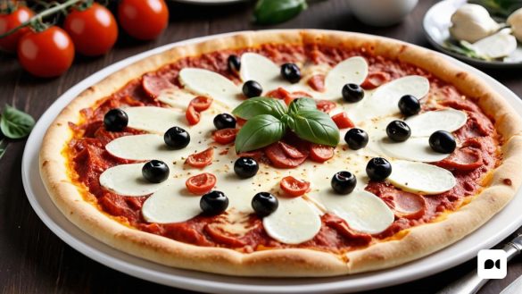 una pizza amb olives, mozzarella i tomàquets en un plat amb un ganivet i una forquilla, Coppo di Marcovaldo, fotografia alimentària professional, un pastel, manierisme