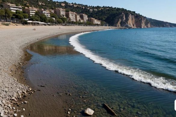 una platja amb una onada que arriba a la riba i un turó al fons amb cases al turó, Didier Mouron, filtre polaritzador, una foto de desplaçament d'inclinació, les nabis