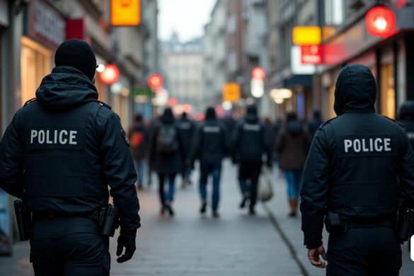 dos agents de policia caminant per un carrer d'una ciutat amb gent que passa al seu costat i una llum vermella al fons, Florence Engelbach, gel, una foto d'estoc, accionisme vienès