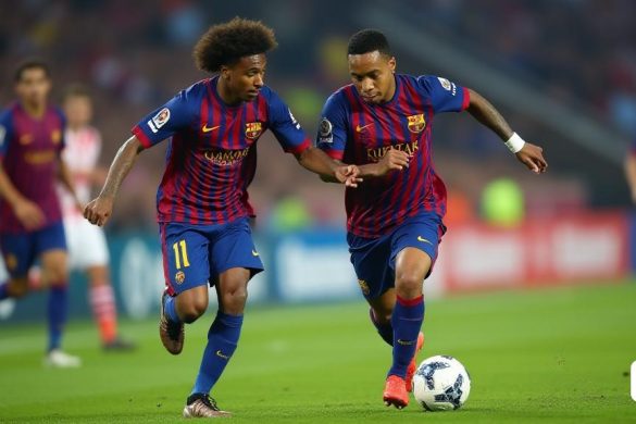 dos futbolistes corren darrere d'una pilota de futbol en un camp amb altres jugadors al fons i una munió de gent mirant, Carles Delclaux és, mitjans oficials, un cartell, les nabis