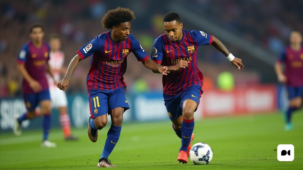 dos futbolistes corren darrere d'una pilota de futbol en un camp amb altres jugadors al fons i una munió de gent mirant, Carles Delclaux és, mitjans oficials, un cartell, les nabis