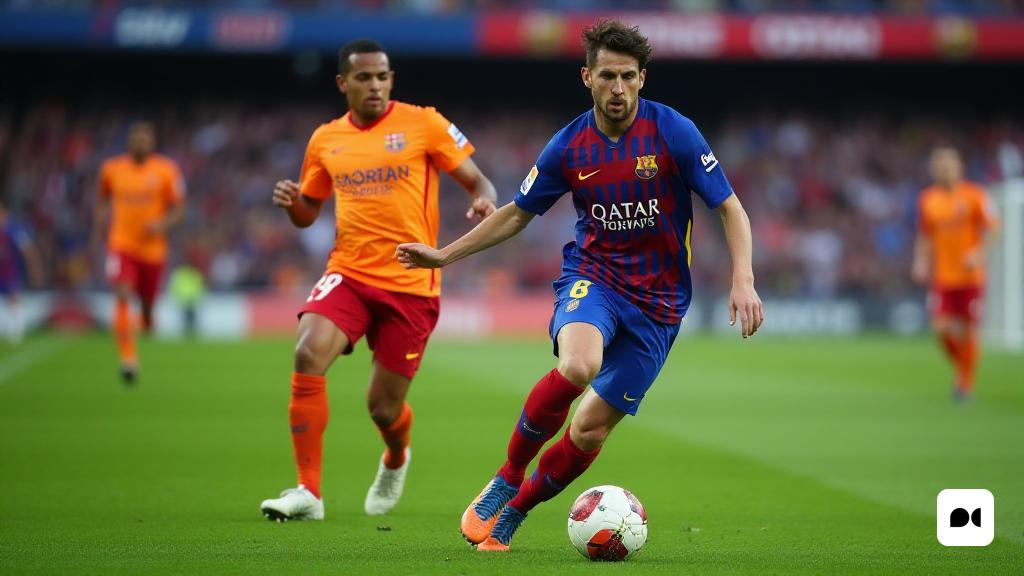 dos futbolistes corren darrere d'una pilota de futbol en un camp amb espectadors al fons en un estadi, Carles Delclaux Is, mitjans oficials, un cartell, plasticien