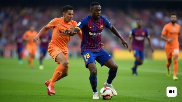 dos futbolistes corren darrere la pilota al camp durant un partit en un estadi amb una multitud mirant, Carles Delclaux és, mitjans oficials, una imatge, cubo-futurisme