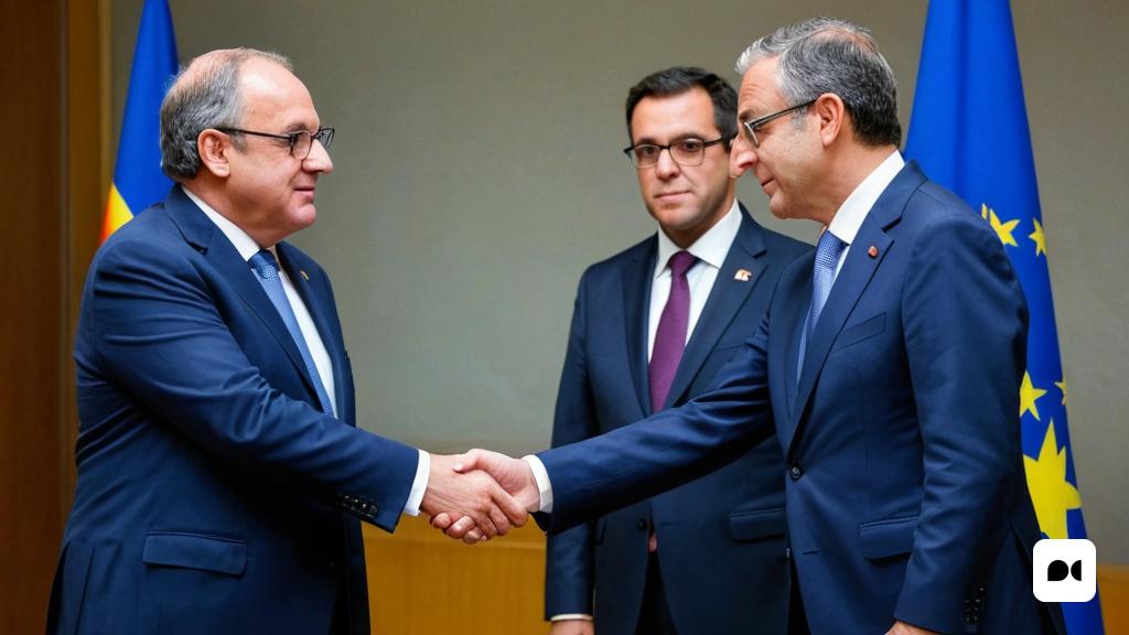 dos homes donant-se la mà davant banderes i una taula amb un ordinador portàtil a sobre i un altre home amb vestit i corbata, Carles Delclaux Is, ignacio fernandez rios, pintura surrealista, regionalisme