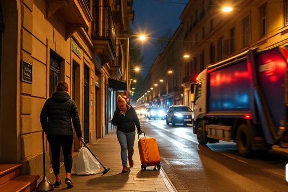 dues dones caminant per un carrer amb l'equipatge i un camió darrere d'ells a la nit, amb un llum del carrer de la ciutat per sobre, Florence Engelbach, reflex de lents anamòrfiques, una foto d'estoc, accionisme vienès