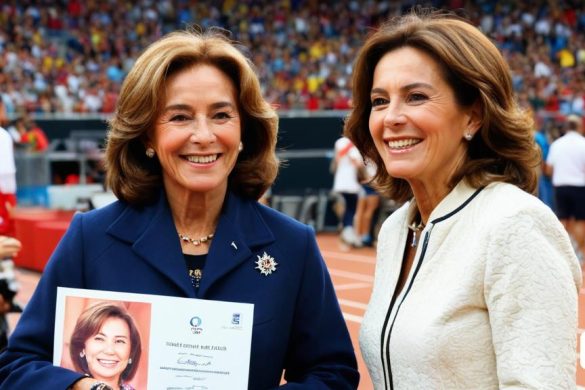 dues dones una al costat de l'altra en una pista de tennis sostenint una placa de la vida d'una dona, Celia Fiennes, perfecta simetria facial, una fotocòpia, incoherents