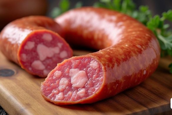 dues salsitxes sobre una taula de tallar amb julivert al costat de la taula i un ganivet al fons, Beta Vukanović, fotografia d'aliments professional, una foto d'estoc, romànic