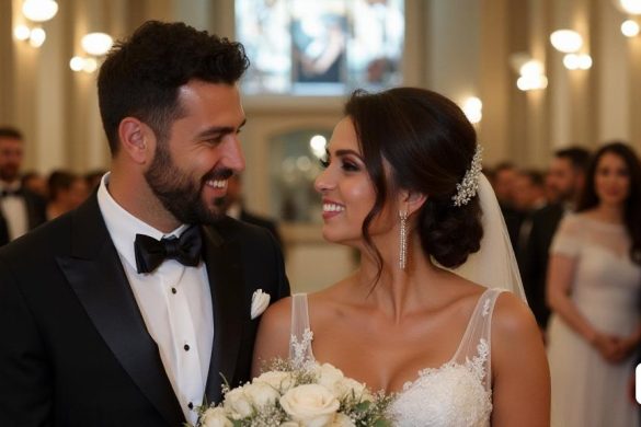 els nuvis somriuen els uns als altres davant d'una multitud de persones amb roba formal i esmòquing, Alexis Grimou, imatge promocional, una imatge, romanticisme americà