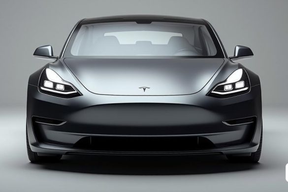 En aquesta imatge es mostra un cotxe Tesla negre, és un cotxe d'aspecte elegant i elegant amb un capó elegant, Ei-Q, ue 5, una representació digital, panfuturisme