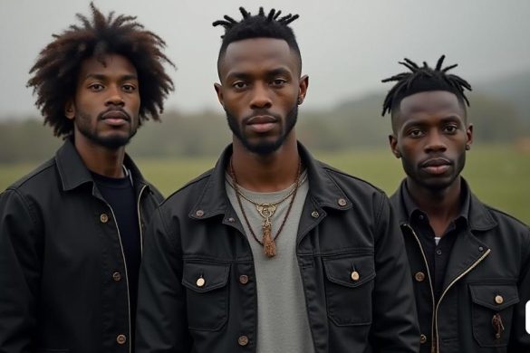 tres homes dempeus en un camp amb una muntanya al fons i herba en primer pla, un amb una jaqueta negra i l'altre amb una camisa grisa, Chinwe Chukwuogo-Roy, arrels, un retrat, afrofuturisme