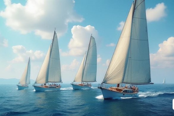 tres velers naveguen a les aigües obertes en un dia assolellat amb núvols al cel per sobre d'ells, Ann Thetis Blacker, kodachrome, una pintura fotorealista, precisió