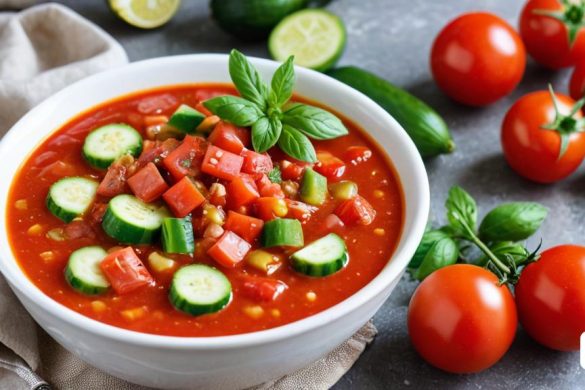 un bol de sopa de tomàquet amb cogombres i tomàquets al costat, amb alfàbrega i tomàquets al costat, Bouchta El Hayani, fotografia alimentària professional, una foto d'estoc, superplana