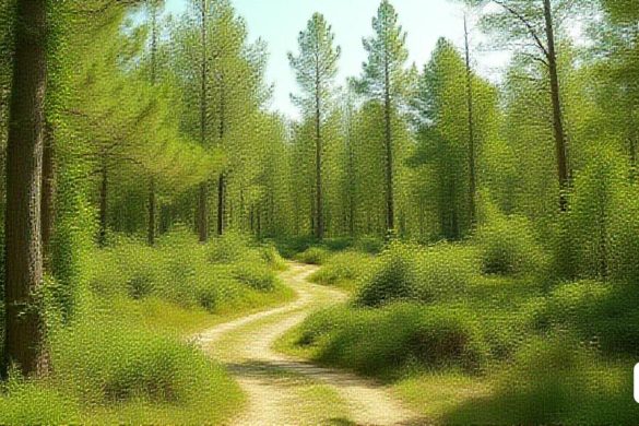 un camí de terra al mig d'un bosc amb arbres als dos costats i un camí de terra al mig del bosc, Choi Buk, foto realista, una representació digital, pintura d'escena americana