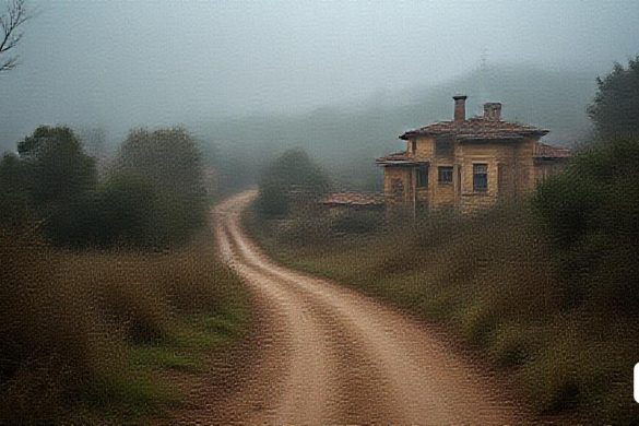 un camí de terra amb una casa al fons i un cel boirós al damunt, amb un cavall dret en primer pla, Antoni Tàpies, foto realista, una representació digital, tonalisme australià